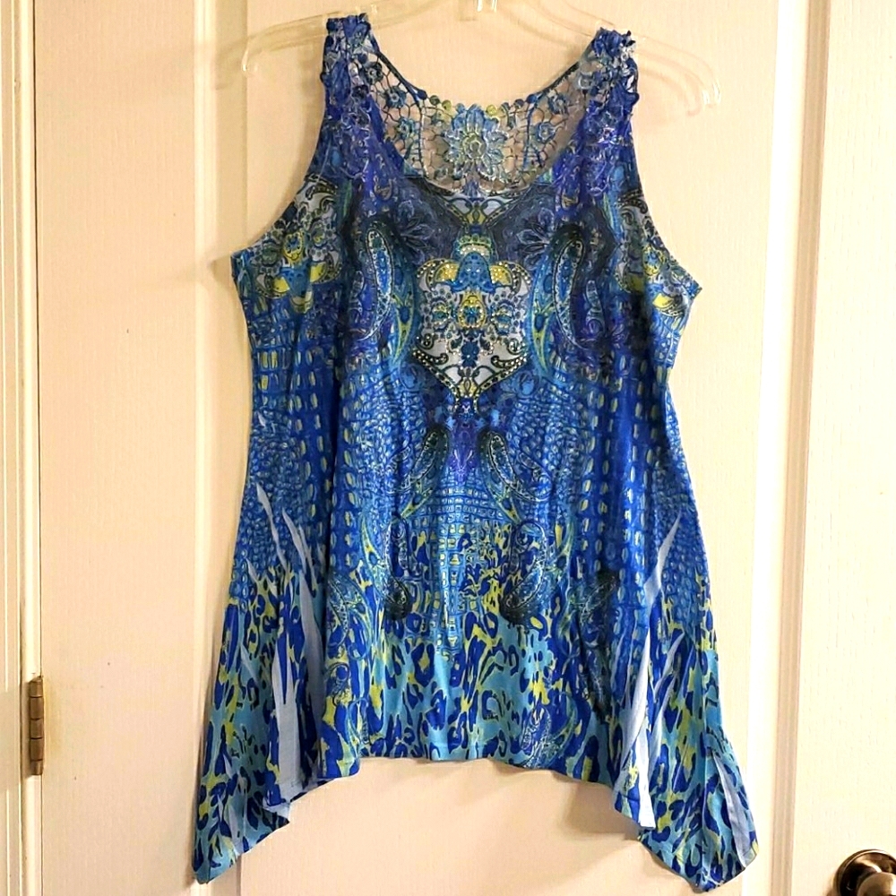 Only Nine Crochet Blue Paisley Bling Boho Top M